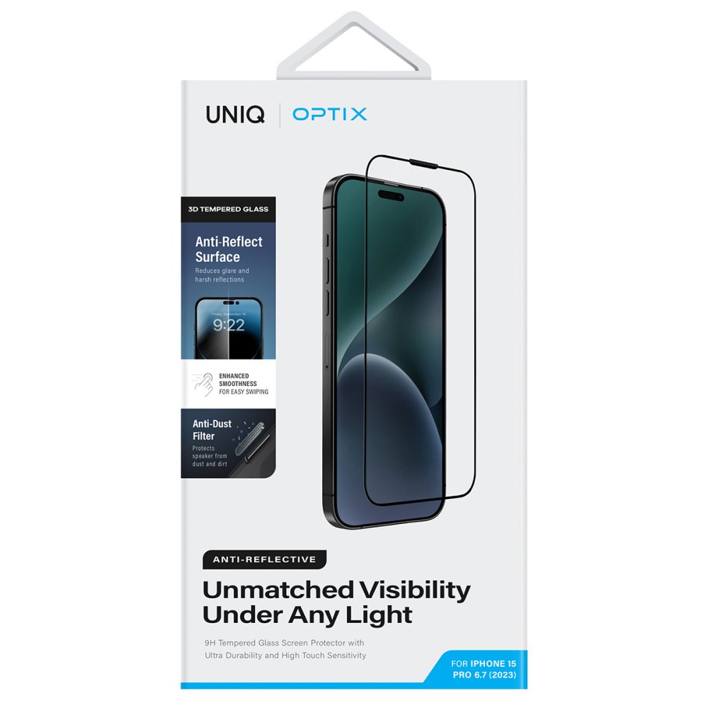 Uniq iPhone 15 Pro Optix Anti Reflective Cam Ekran Koruyucu - Siyah