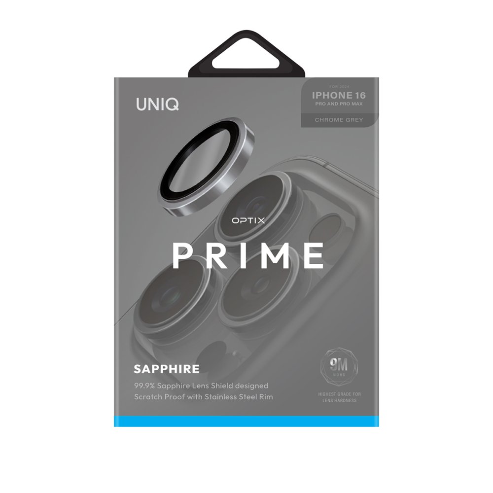 Uniq iPhone 16 Pro Max Optix Çelik Çerçeveli Sapphire Kamera Lens Koruyucu - Gri