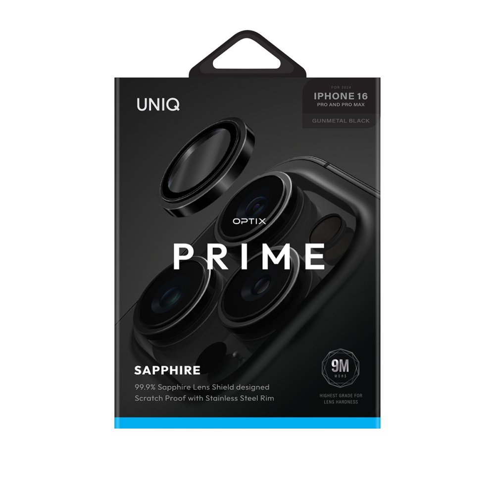 Uniq iPhone 16 Pro Optix Çelik Çerçeveli Sapphire Kamera Lens Koruyucu - Siyah