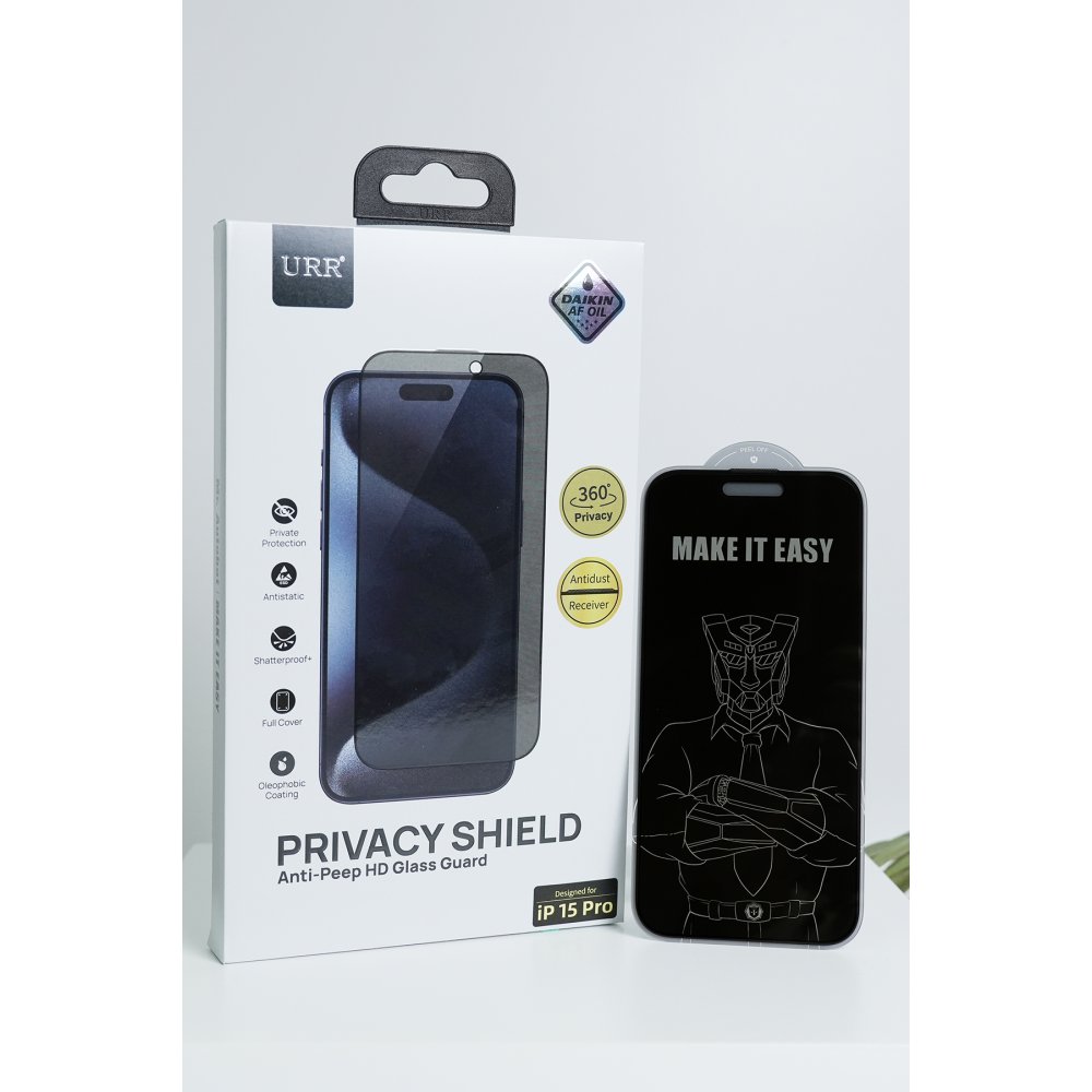 URR iPhone 15 Pro Max 4 Way Anti Spy 360 Privacy Cam Ekran Koruyucu - Siyah