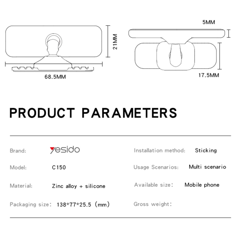 Yesido C150 360 Derece Ayarlanabilir Yapışkanlı Mıknatıslı Araç Tutucu - Siyah