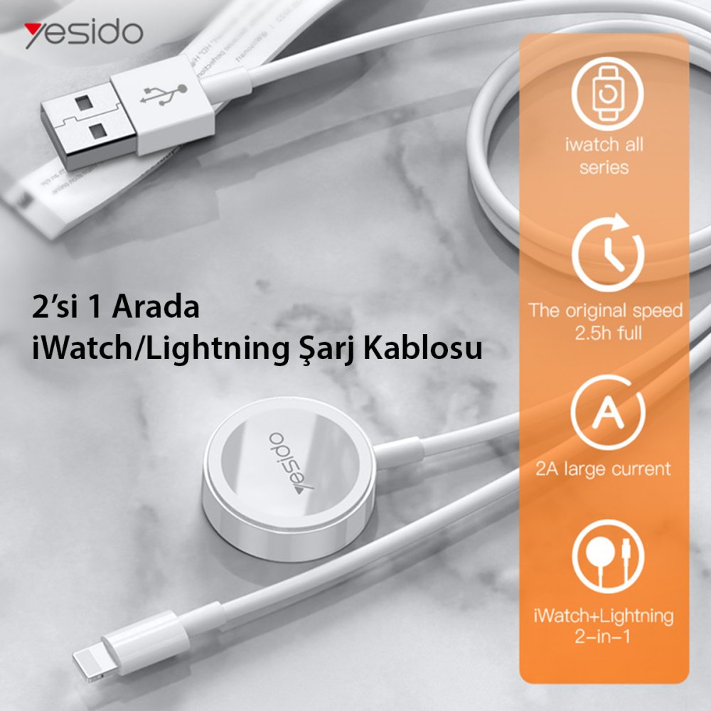 Yesido CA70 2in1 1.5M 2W Apple Watch Şarjı ve 2.4A Lightning Hızlı Şarj Kablosu - Beyaz