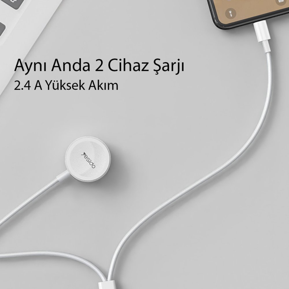 Yesido CA70 2in1 1.5M 2W Apple Watch Şarjı ve 2.4A Lightning Hızlı Şarj Kablosu - Beyaz