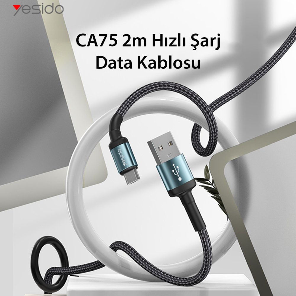 Yesido CA75 2M 2.4A Hasırlı Usb to Lightning Hızlı Şarj Kablosu - Siyah