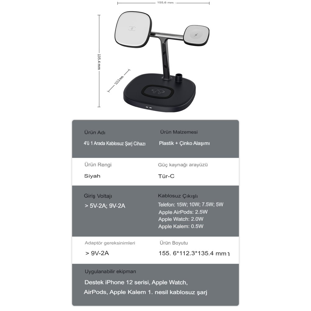 Yesido DS12 4in1 15W Masaüstü Kablosuz Şarj Standı - Siyah