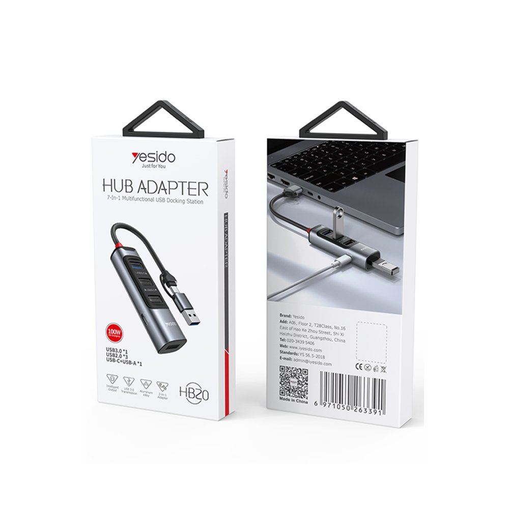 Yesido HB20 5in2 1 Adet USB 3.0 / 2 Adet Usb 2.0 / 1 Adet RJ45 100 Mbps / 1 Adet 100W Type-C Çıkışlı Usb ve Type-C Girişli Hub Dönüştürücü - Siyah