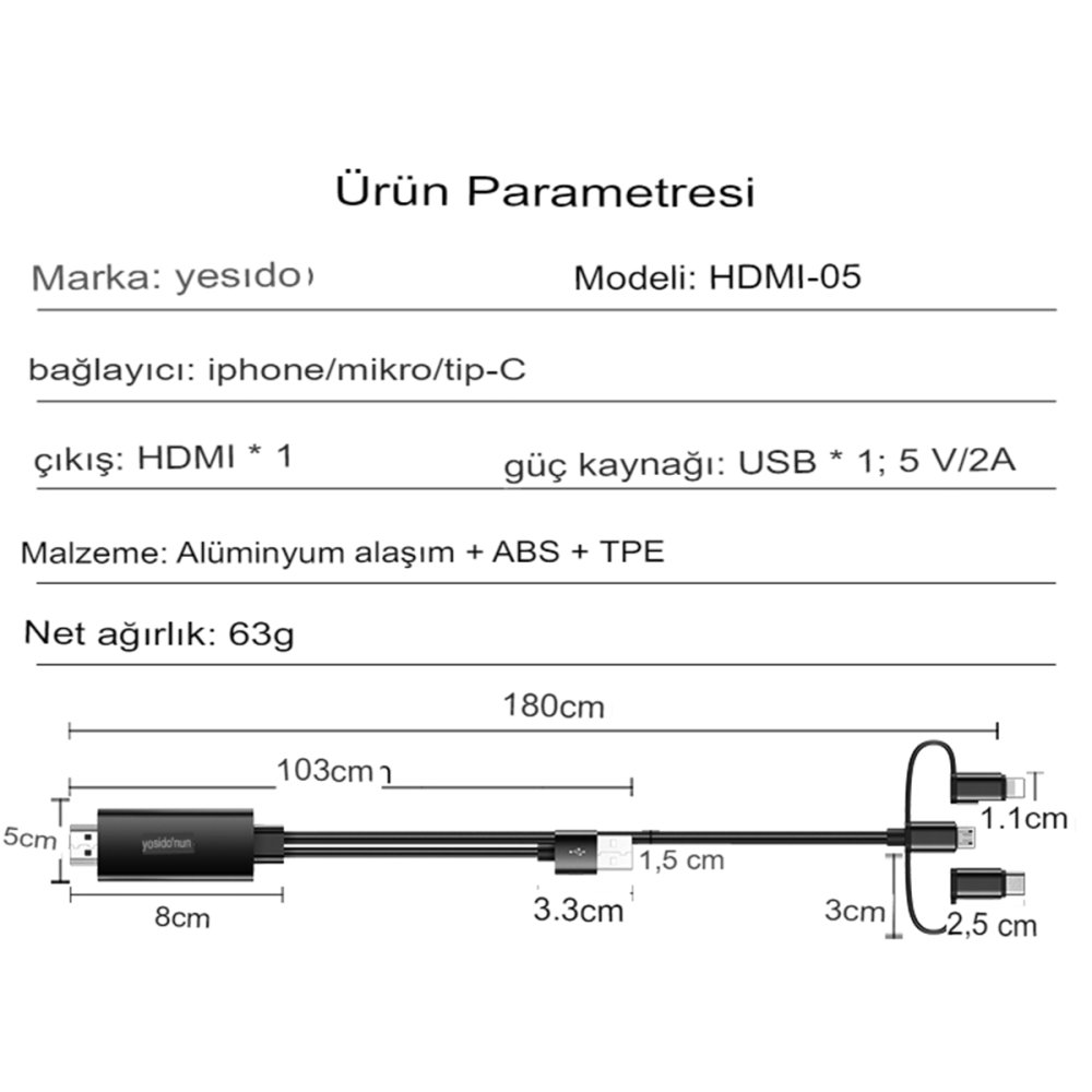 Yesido HM05 1.8m FHD 3in1 to HDMI Kablo - Siyah