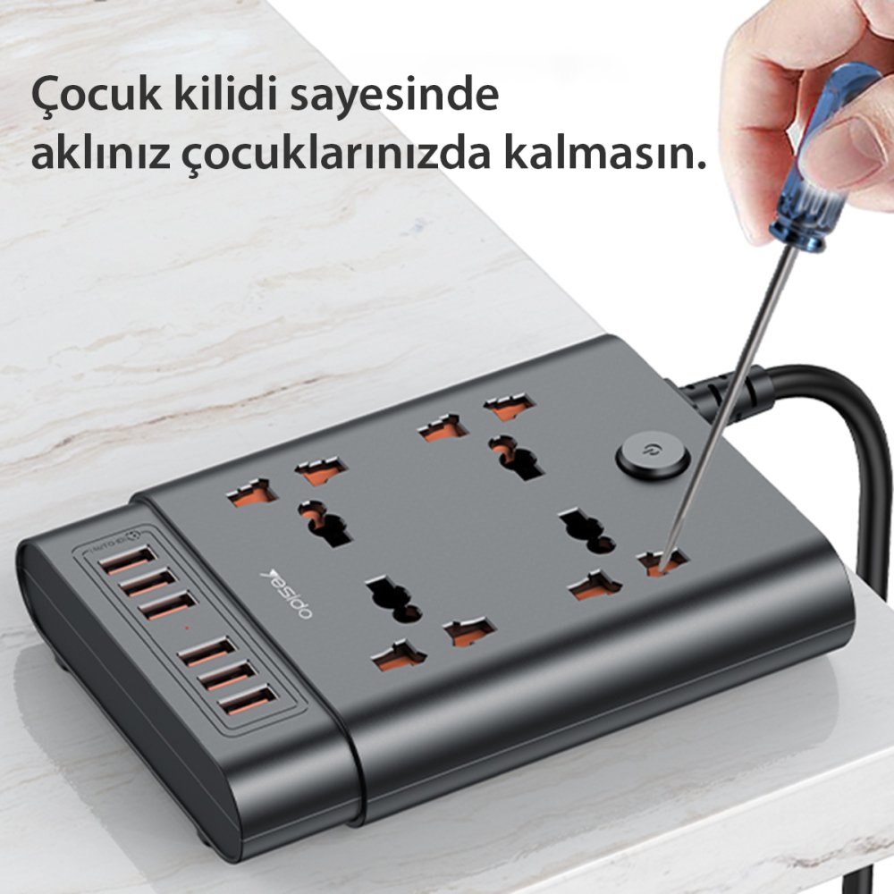 Yesido MC08 10in1 6 Adet Usb ve 4 Adet Priz Dönüştürücü 1.8M - Siyah