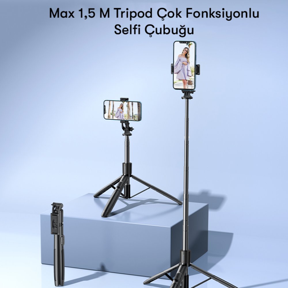 Yesido SF13 360 Derece Bluetooth Kontrollü 158cm Selfie Çubuğu - Siyah