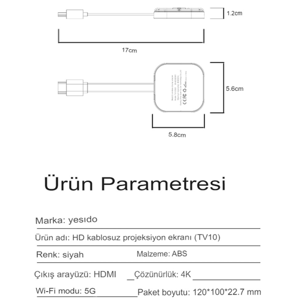 Yesido TV10 2.4G 4K Kablosuz Görüntü Aktarıcı - Siyah