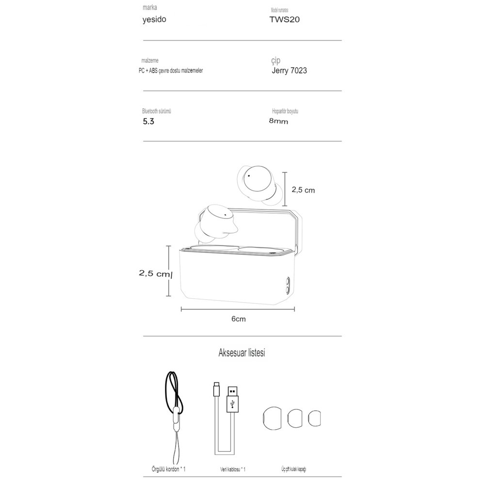 Yesido TWS20 Kablosuz Airpods Kulaklık - Siyah