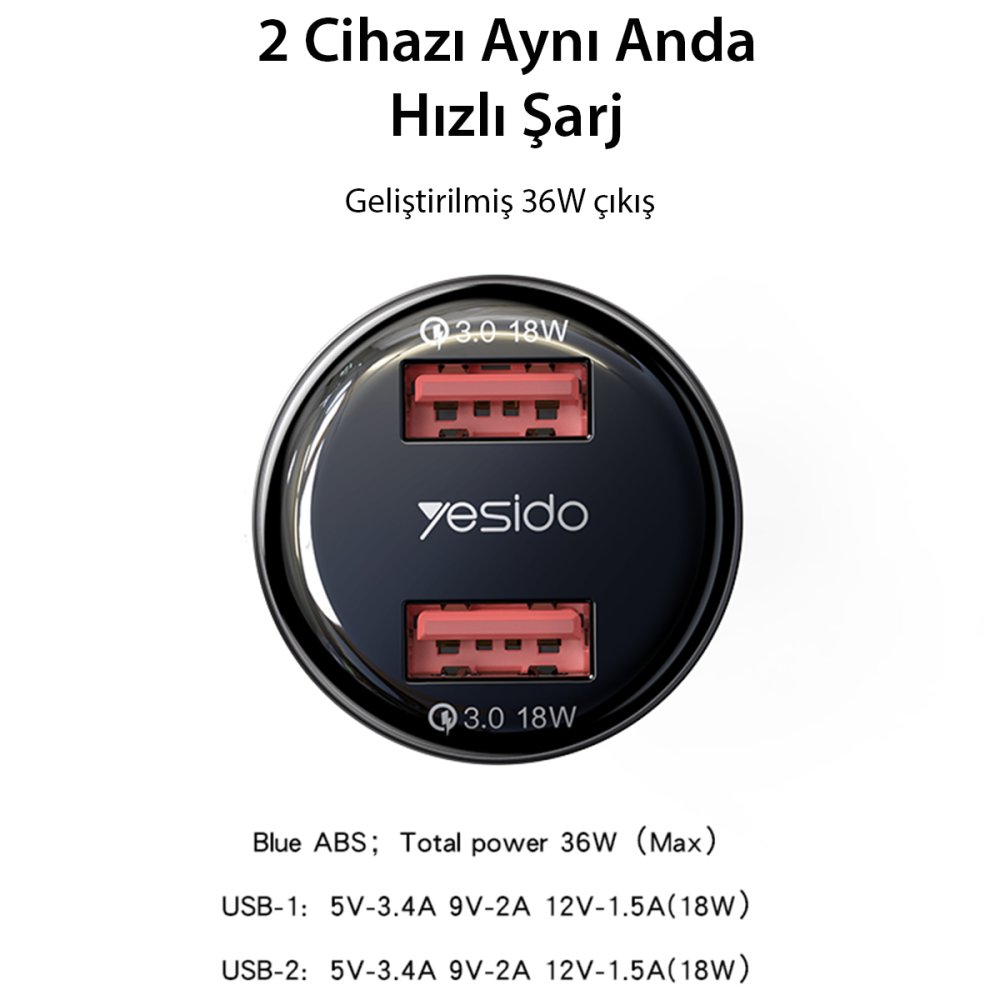 Yesido Y51 2 Adet 18W Usb Araç Şarj - Siyah