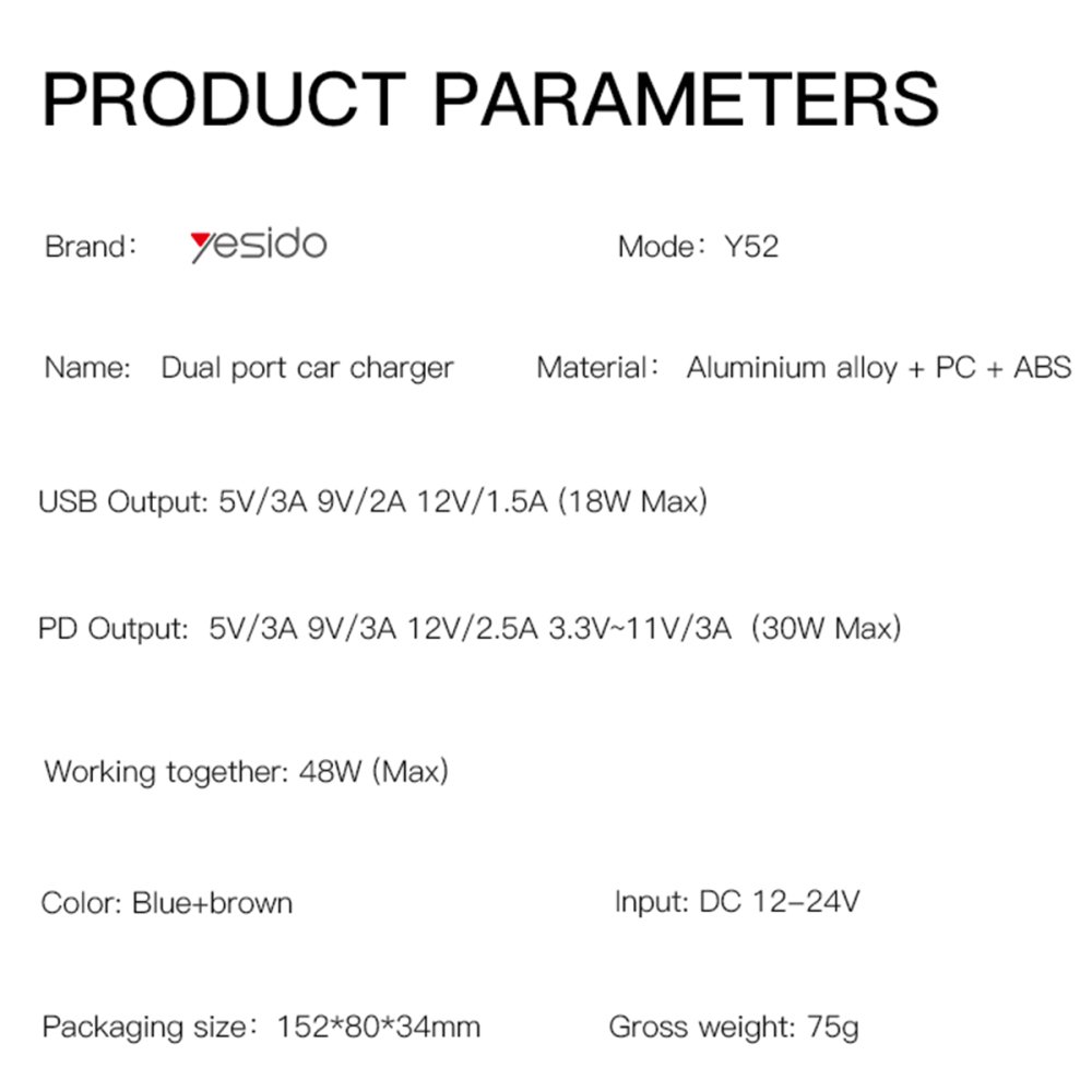 Yesido Y52 30W PD Type-C ve 18W Usb Araç Şarj - Siyah