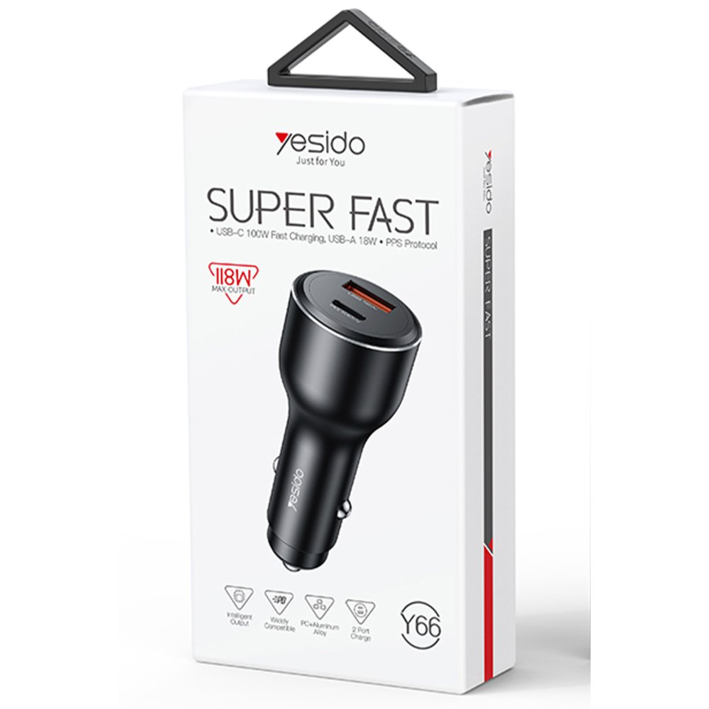 Yesido Y65 1 Adet 100W Type-C ve 1 Adet 18W USB Çıkışlı PD Hızlı Araç Şarj - Siyah