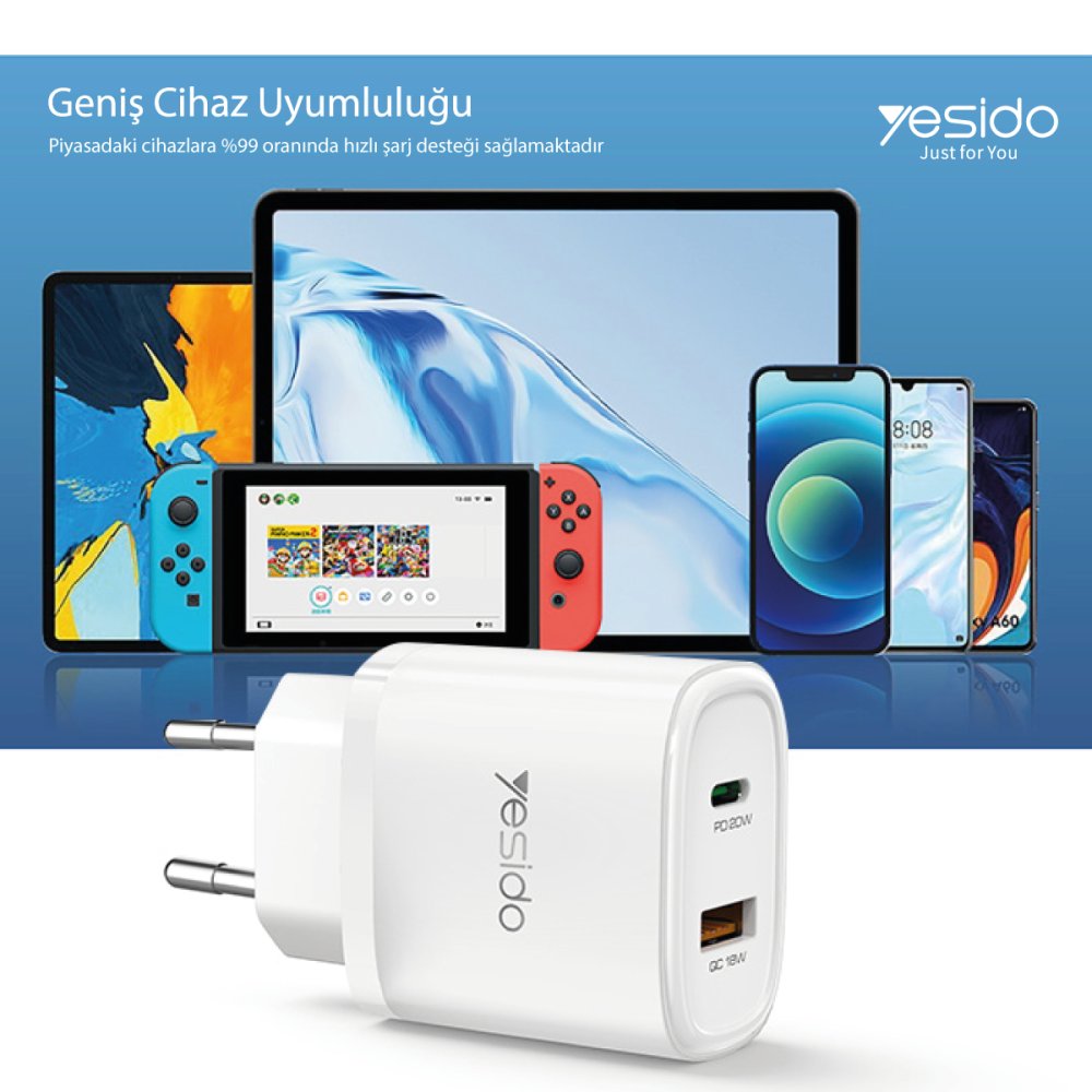 Yesido YC50 20W Type-C / 18W Usb Çıkışlı ve 1M 60W Type-C to Type-C Kablolu PD Şarj Cihazı - Siyah