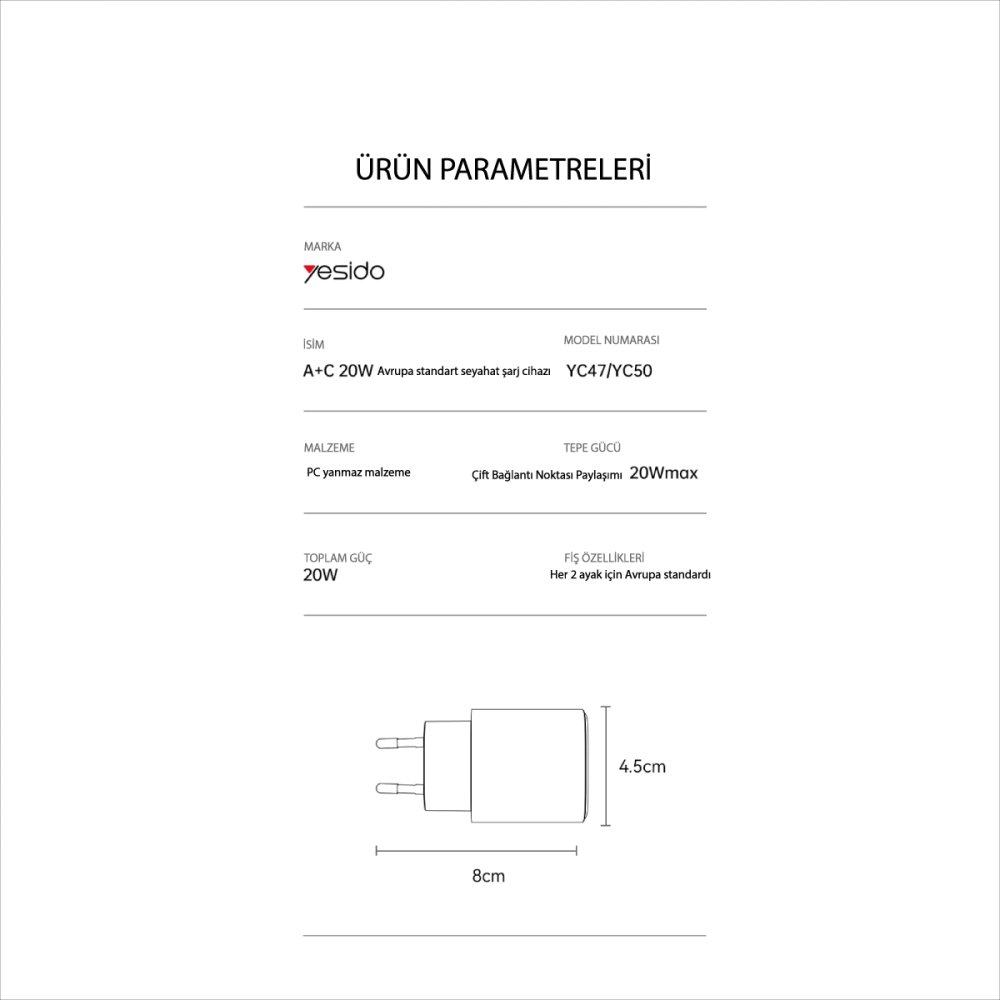 Yesido YC50 20W Type-C / 18W Usb Çıkışlı ve 1M 60W Type-C to Type-C Kablolu PD Şarj Cihazı - Siyah