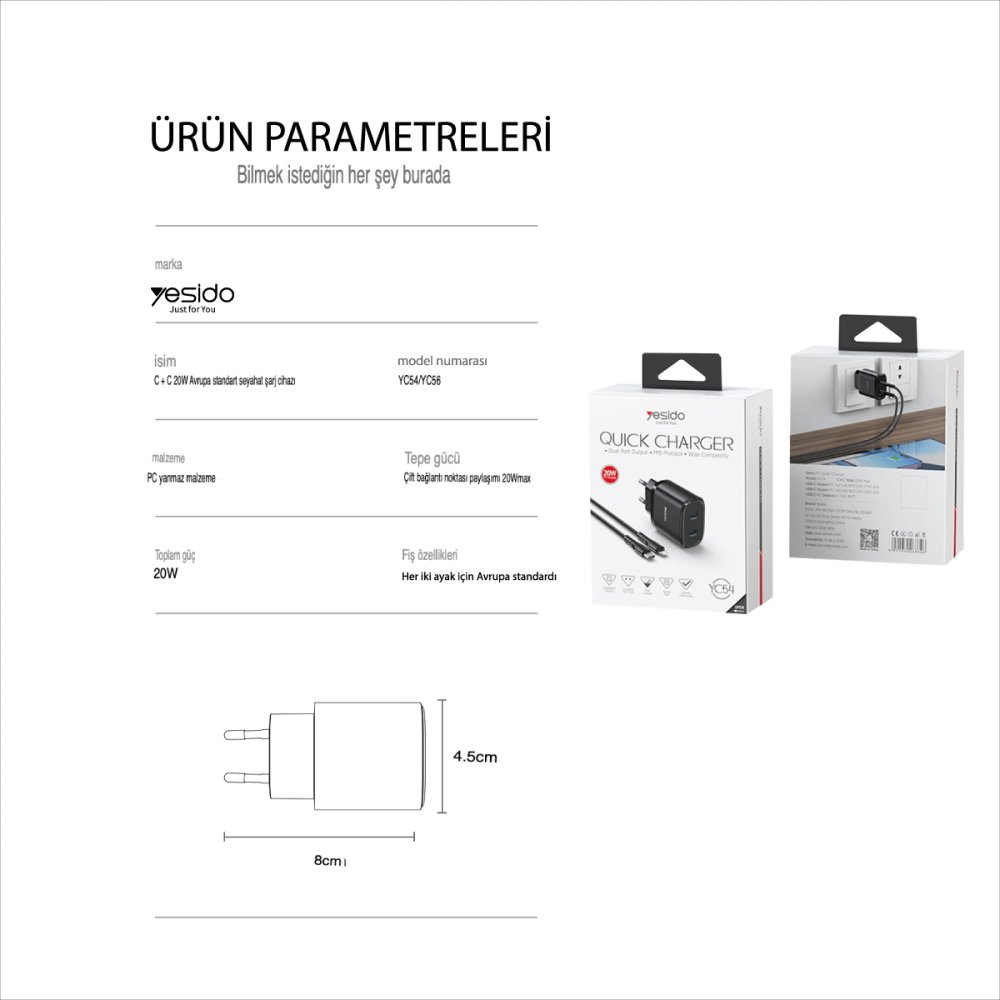 Yesido YC54 2 Adet 20W Type-C Çıkışlı ve 1M 27W Type-C to Lightning Kablolu PD Şarj Cihazı - Siyah