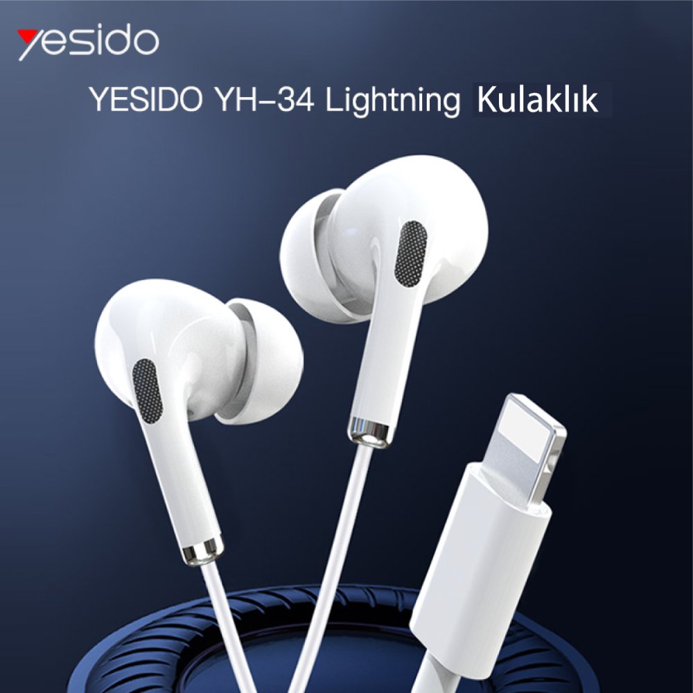 Yesido YH34 1.2M Yüksek Baslı Lightning Bluetooth Kablolu Kulaklık - Beyaz