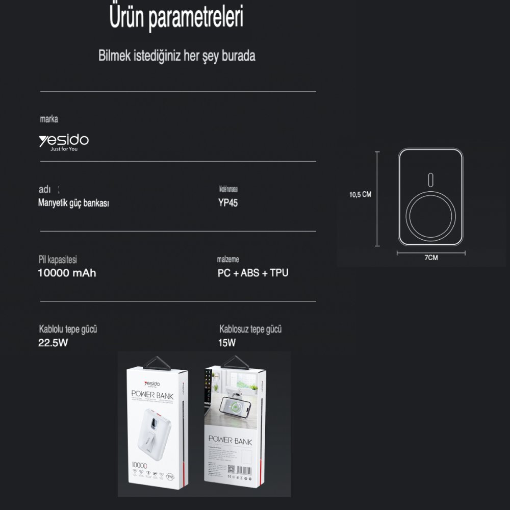 Yesido YP45 10.000 mAh 20W Dijital Göstergeli 15W Kablosuz Şarjlı Standlı Magsafe PD Hızlı Şarj Powerbank - Beyaz