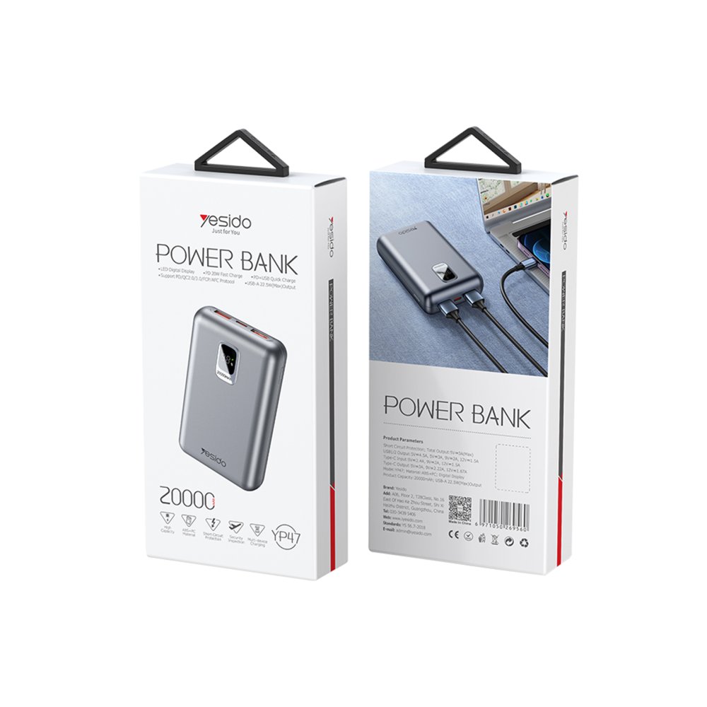 Yesido YP47 20.000 mAh Dijital Göstergeli 22.5W USB3.0 ve 20W Type-C Çıkışlı PD Hızlı Şarj Powerbank - Siyah