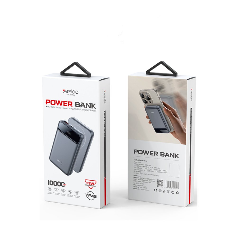 Yesido YP49 10.000 mAh Dijital Göstergeli 22.5W USB 3.0 / 20W Type-C Çıkışlı ve 15W Kablosuz Şarjlı PD Hızlı Şarj Magsafe Powerbank - Siyah