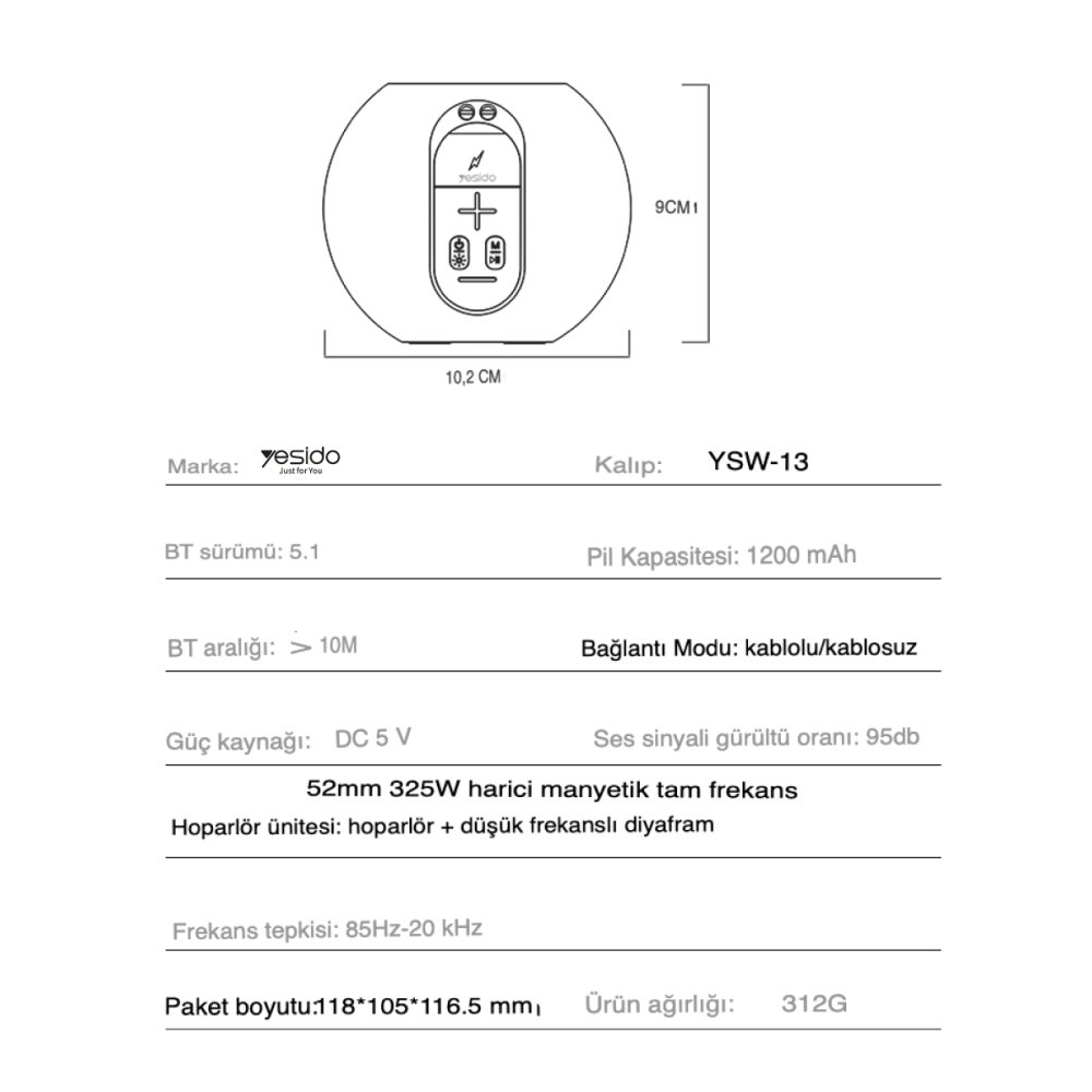 Yesido YSW13 RGB Kablosuz Hoparlör - Siyah