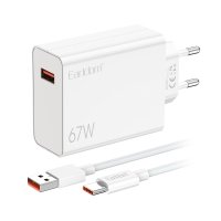 Earldom EU47 67W USB QC 3.0 Çıkışlı ve USB to Type-C Kablolu PD Hızlı Şarj Cihazı - Beyaz