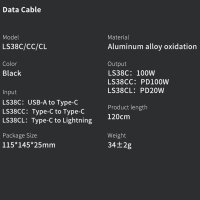 Lanex LS38CC 1.2M 100W Hasırlı Type-C to Type-C PD Hızlı Şarj Kablosu - Siyah