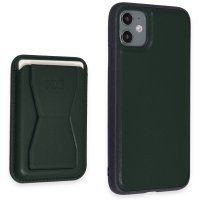 HDD iPhone 11 Kılıf HD Deri Luxury Magnet Kartvizitli Kapak - Koyu Yeşil