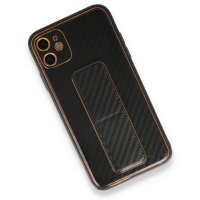 Newface iPhone 12 Kılıf Coco Karbon Standlı Kapak - Siyah