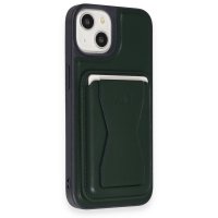 HDD iPhone 15 Kılıf HD Deri Luxury Magnet Kartvizitli Kapak - Koyu Yeşil