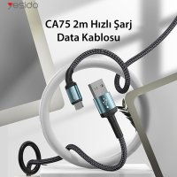 Yesido CA75 2M 2.4A Hasırlı Usb to Lightning Hızlı Şarj Kablosu - Siyah