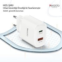 Yesido YC50 20W Type-C / 18W Usb Çıkışlı ve 1M 60W Type-C to Type-C Kablolu PD Şarj Cihazı - Siyah