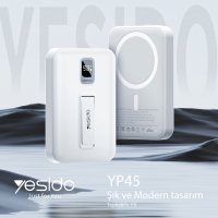 Yesido YP45 10.000 mAh 20W Dijital Göstergeli 15W Kablosuz Şarjlı Standlı Magsafe PD Hızlı Şarj Powerbank - Beyaz