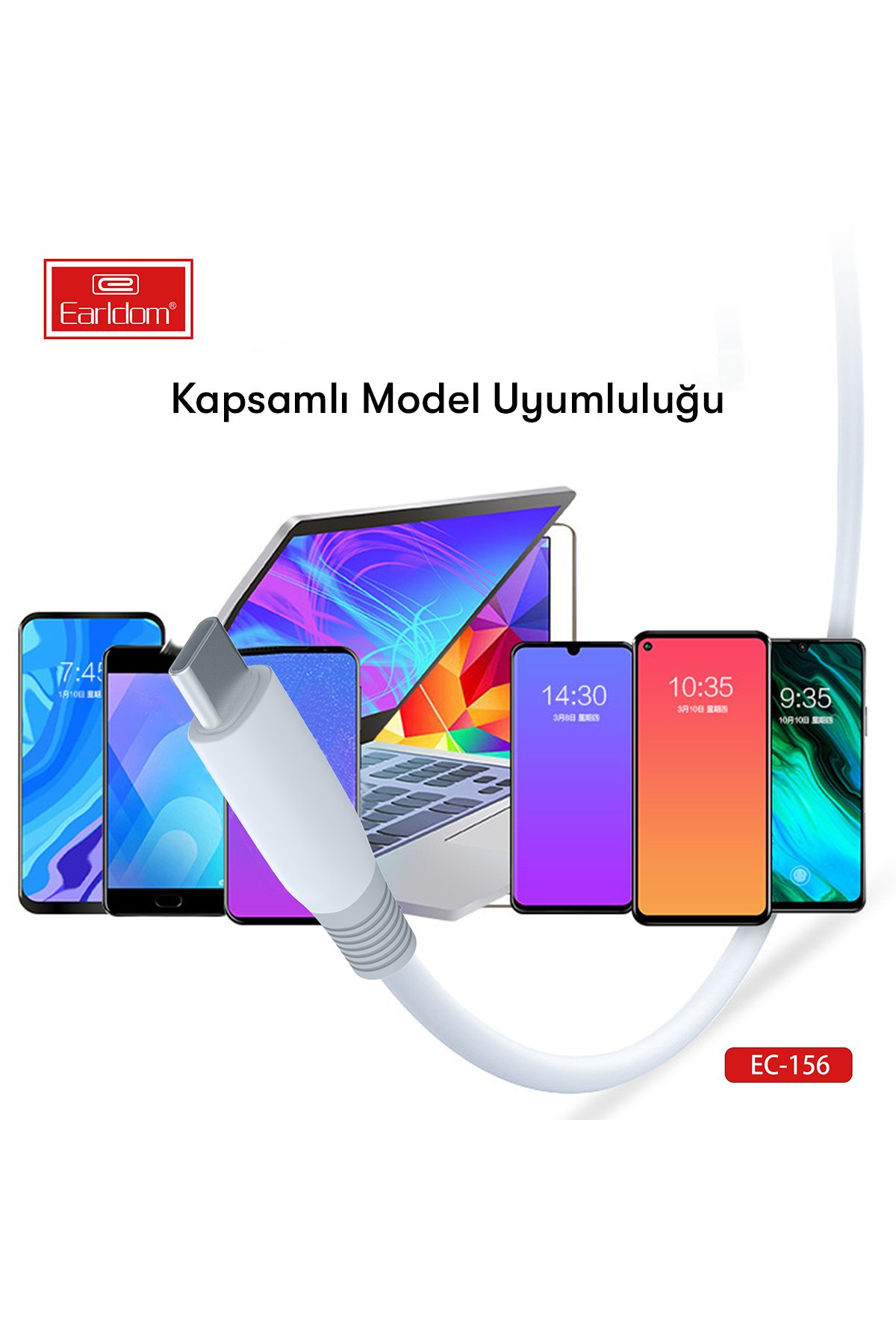 Earldom EU26i 2 Adet 65W Type-C ve 1 Adet 30W USB 3.0 Çıkışlı Ekstra Type-C to Lightning Kablolu GAN Şarj Cihazı - Beyaz