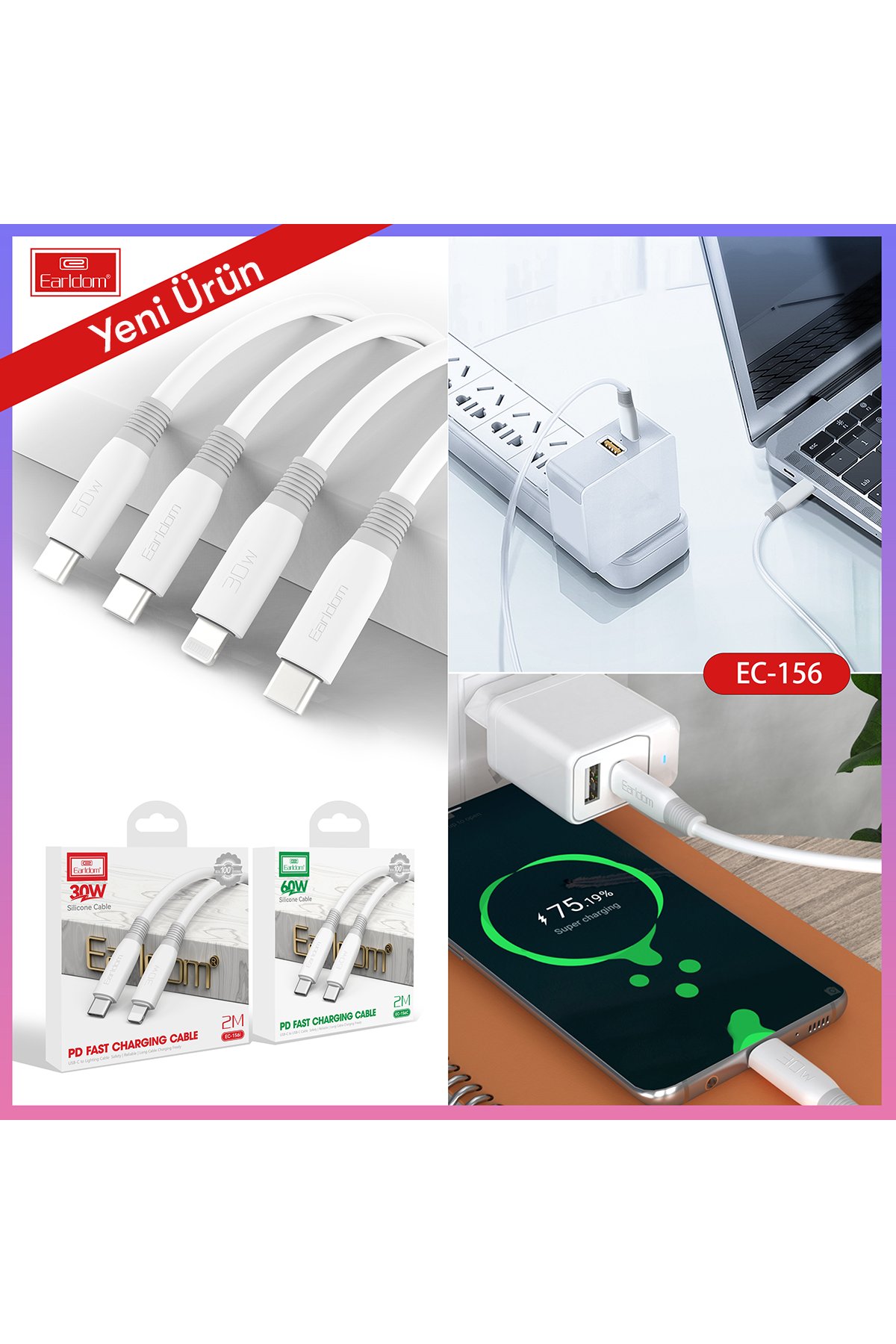 Earldom EU26i 2 Adet 65W Type-C ve 1 Adet 30W USB 3.0 Çıkışlı Ekstra Type-C to Lightning Kablolu GAN Şarj Cihazı - Beyaz