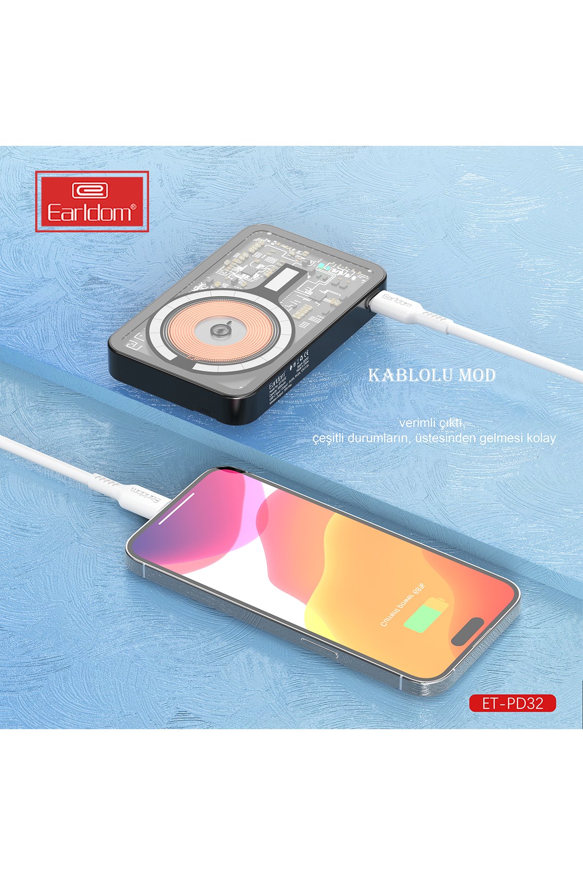 Earldom PD46 5.000 mAh 20W Dahili Type-C Çıkışlı Ekstra Dahili 2.5W Saat Şarj Kablolu PD Hızlı Şarj Mini Powerbank - Siyah