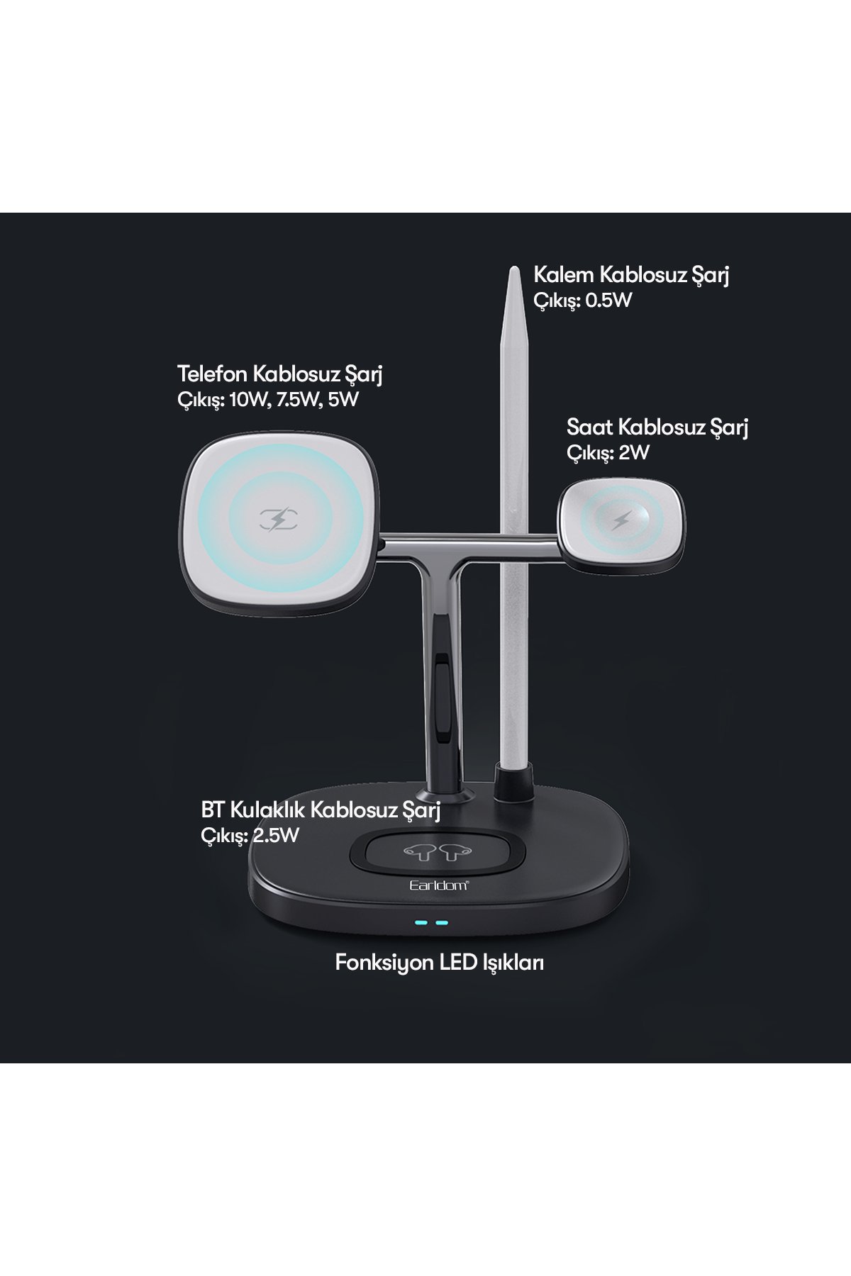 Earldom PB48 10.000 mAh 10W Led Işıklı 3in1 Dahili Kablolu Powerbank - Siyah