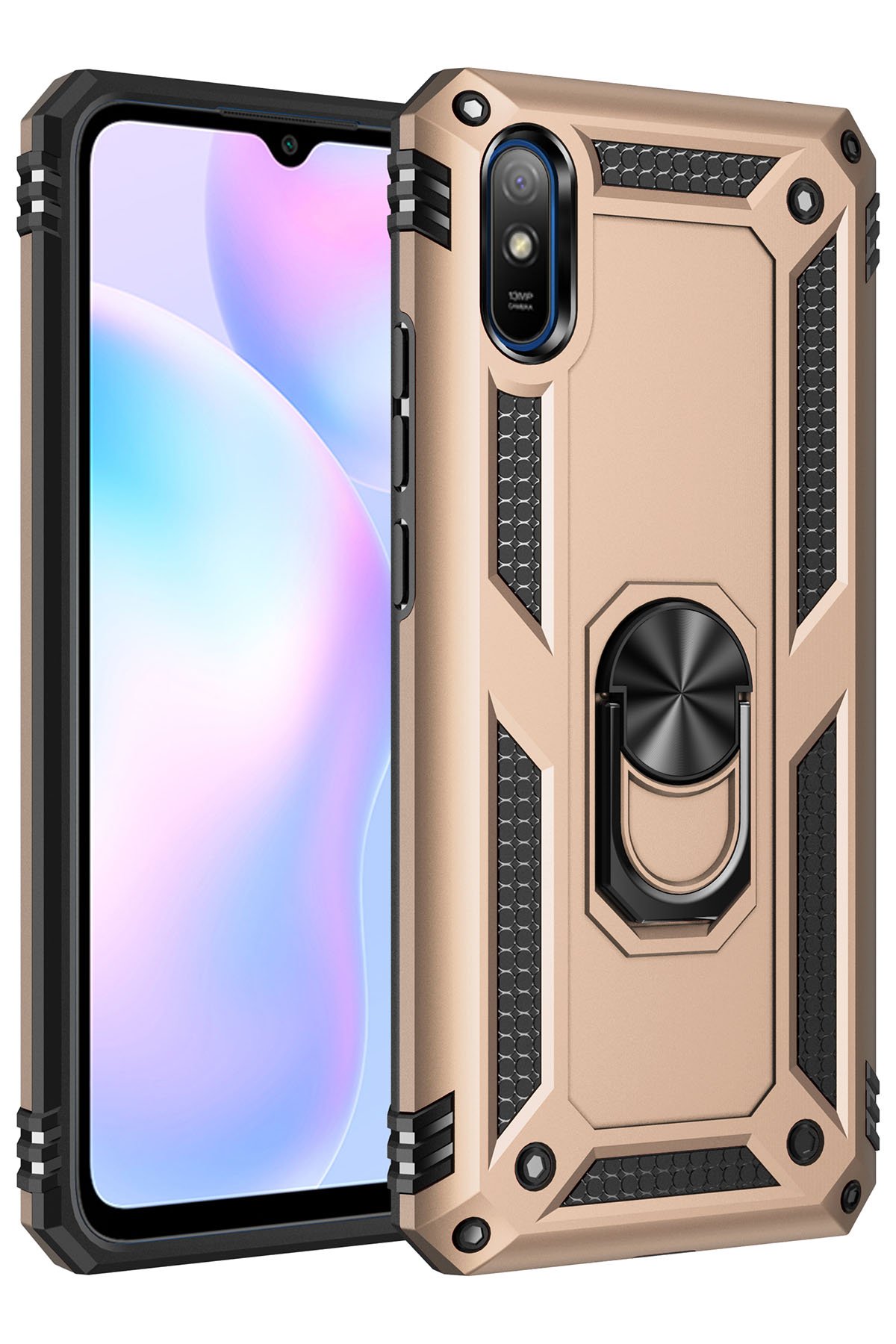 Newface Xiaomi Redmi 9A Kılıf Mega Standlı Silikon - Gold